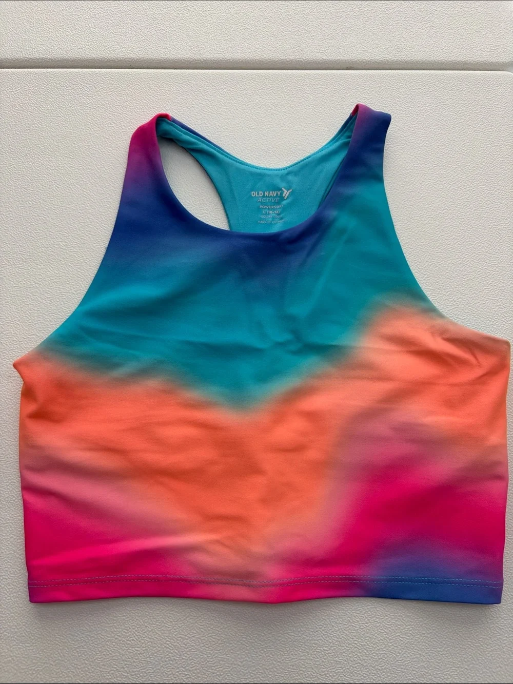 Old Navy Multicolor Gradient High-Neck Sports Bra — Teal, Coral, Pink, Blue